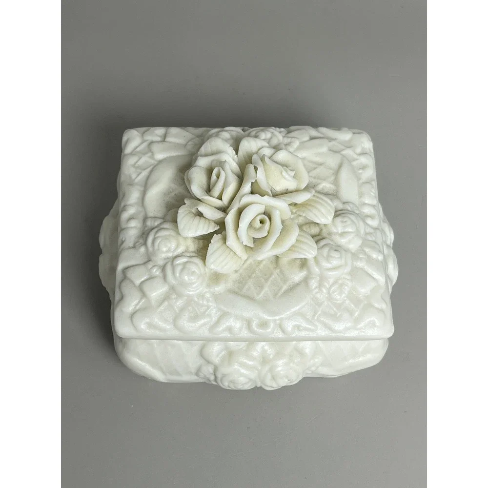 White Porcelain Bisque Jewelry Trinket Dish Roses Victorian 3